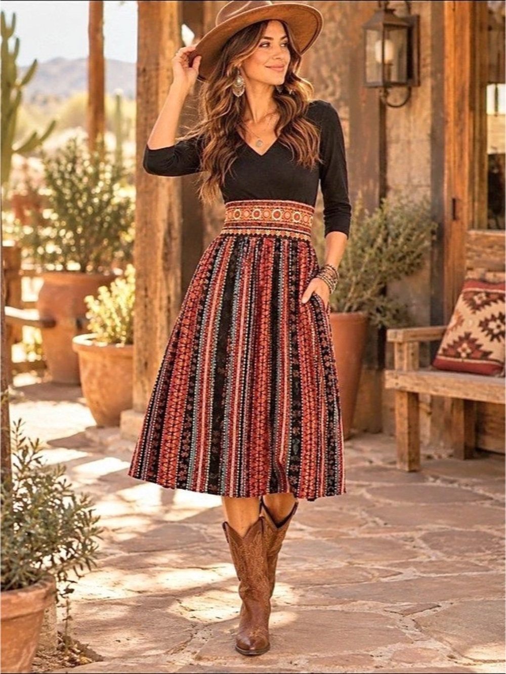 Vicky and Lucas Boho Folk Midi Dress Coastal Cowgirl Festival